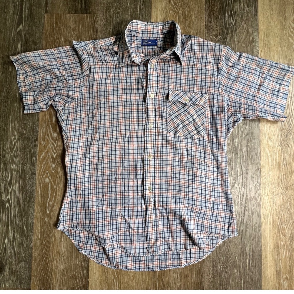 JCPenney Plain Pockets Button Up Shirt Mens Large Blue Red Plaid Short Sleeve